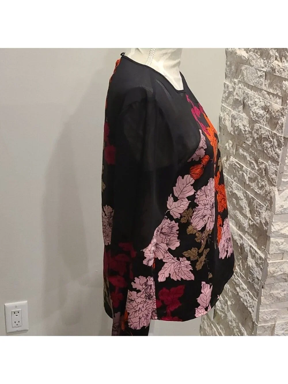 1. State Floral Sheer Long Sleeve Blouse Black With Bright Floral pattern